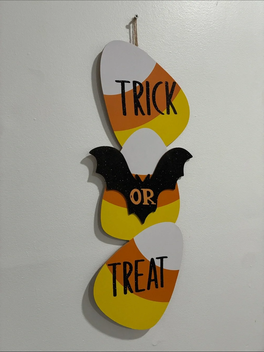 NWT 25”-Trick or Treat- Candy Corn & Bat- Glittered Wooden Halloween Decor Sign